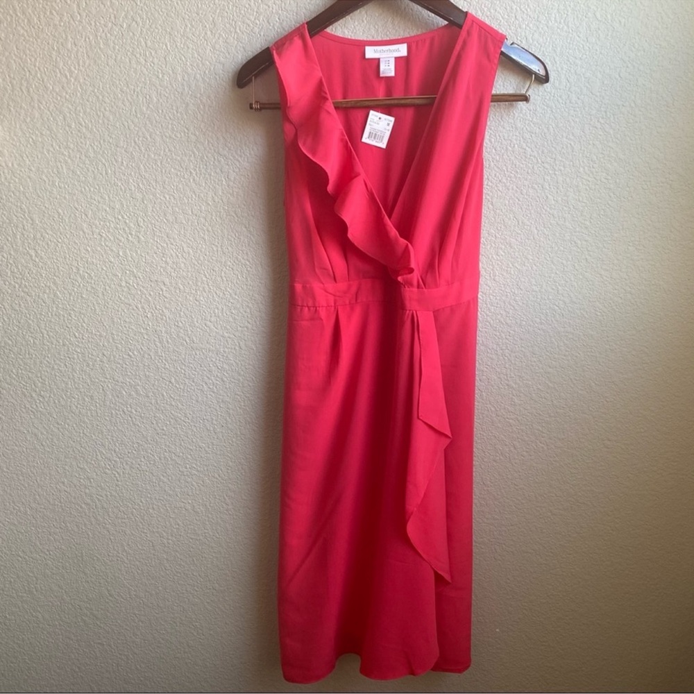 Motherhood pink ruffle front tie maternity dress